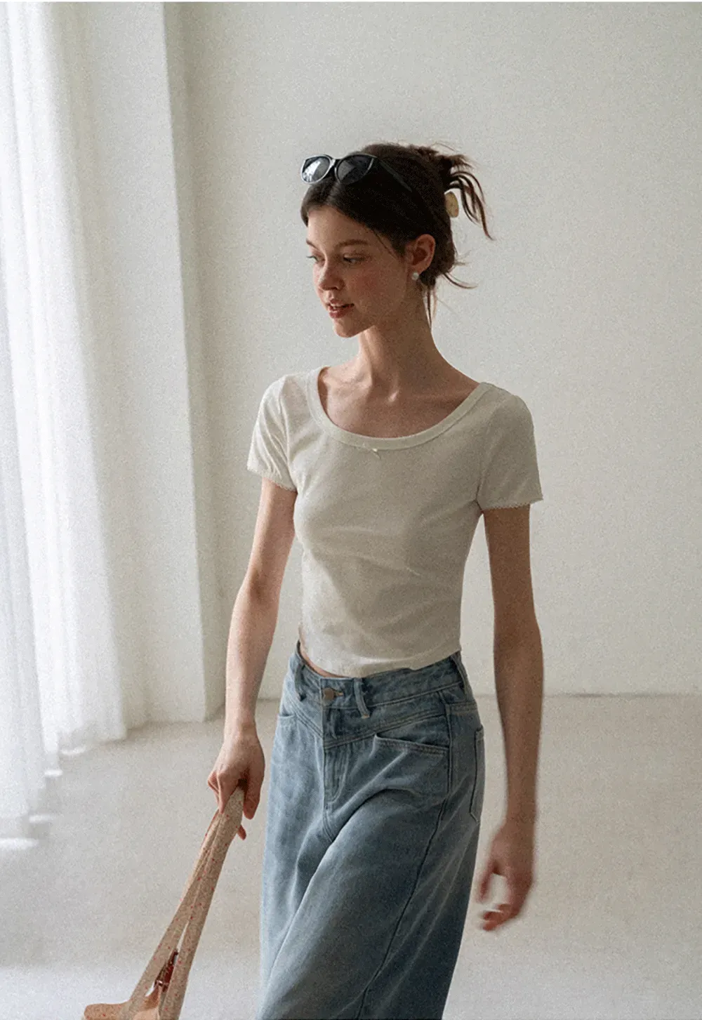 Cropped Ribbed Knit Short Sleeve T Shirt