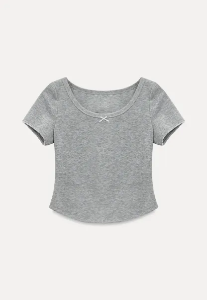 Cropped Ribbed Knit Short Sleeve T Shirt