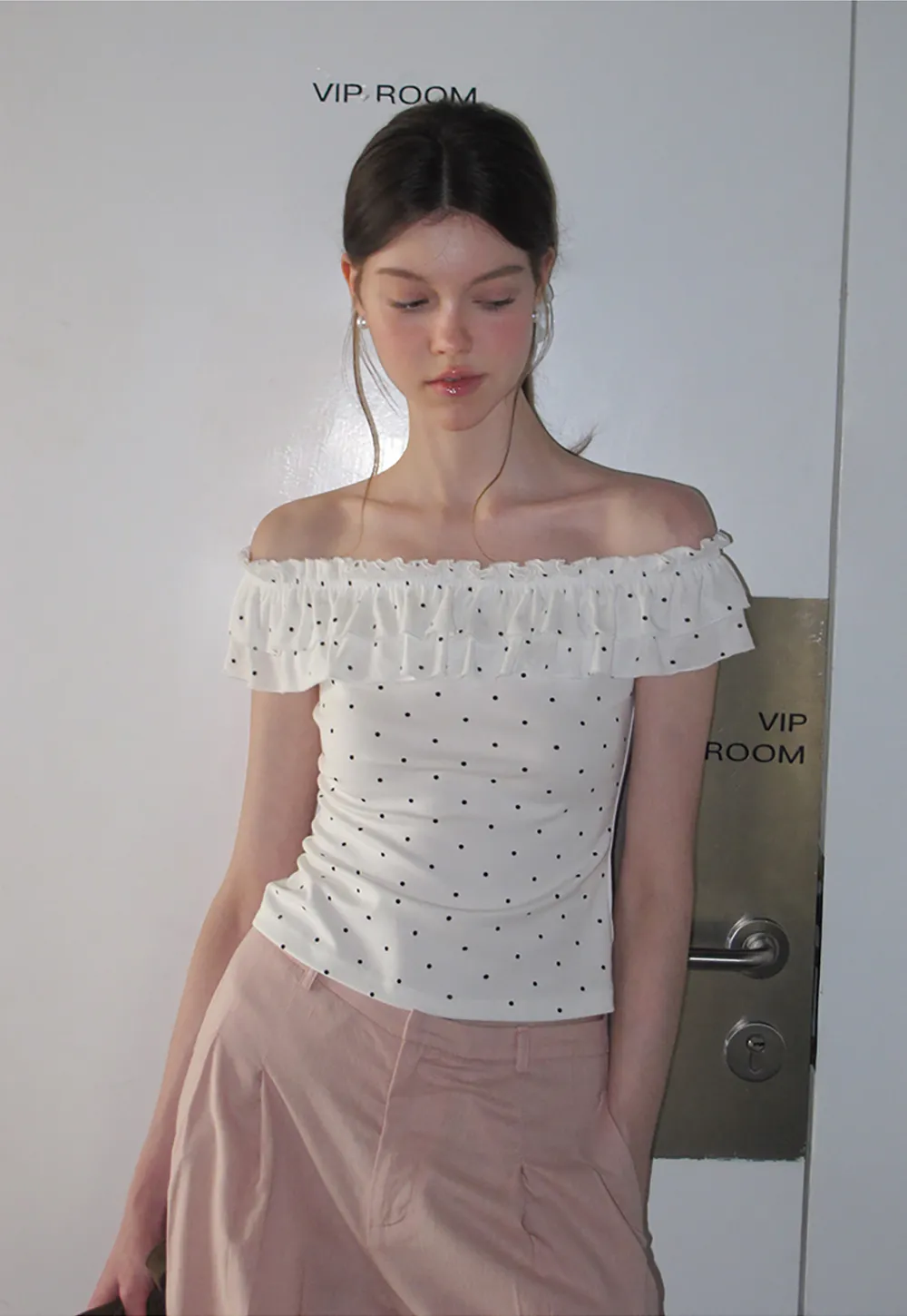 Ruffled Off Shoulder Polka Dot Top