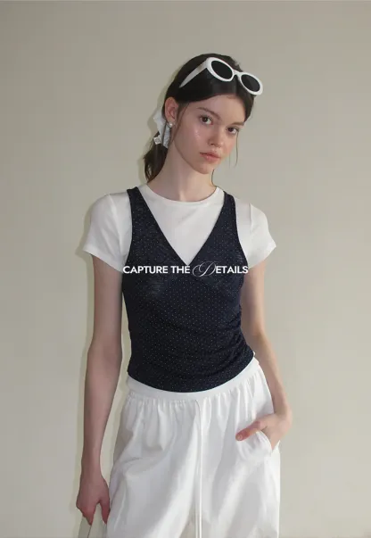 V Neck Sleeveless Top With Polka Dot Pattern
