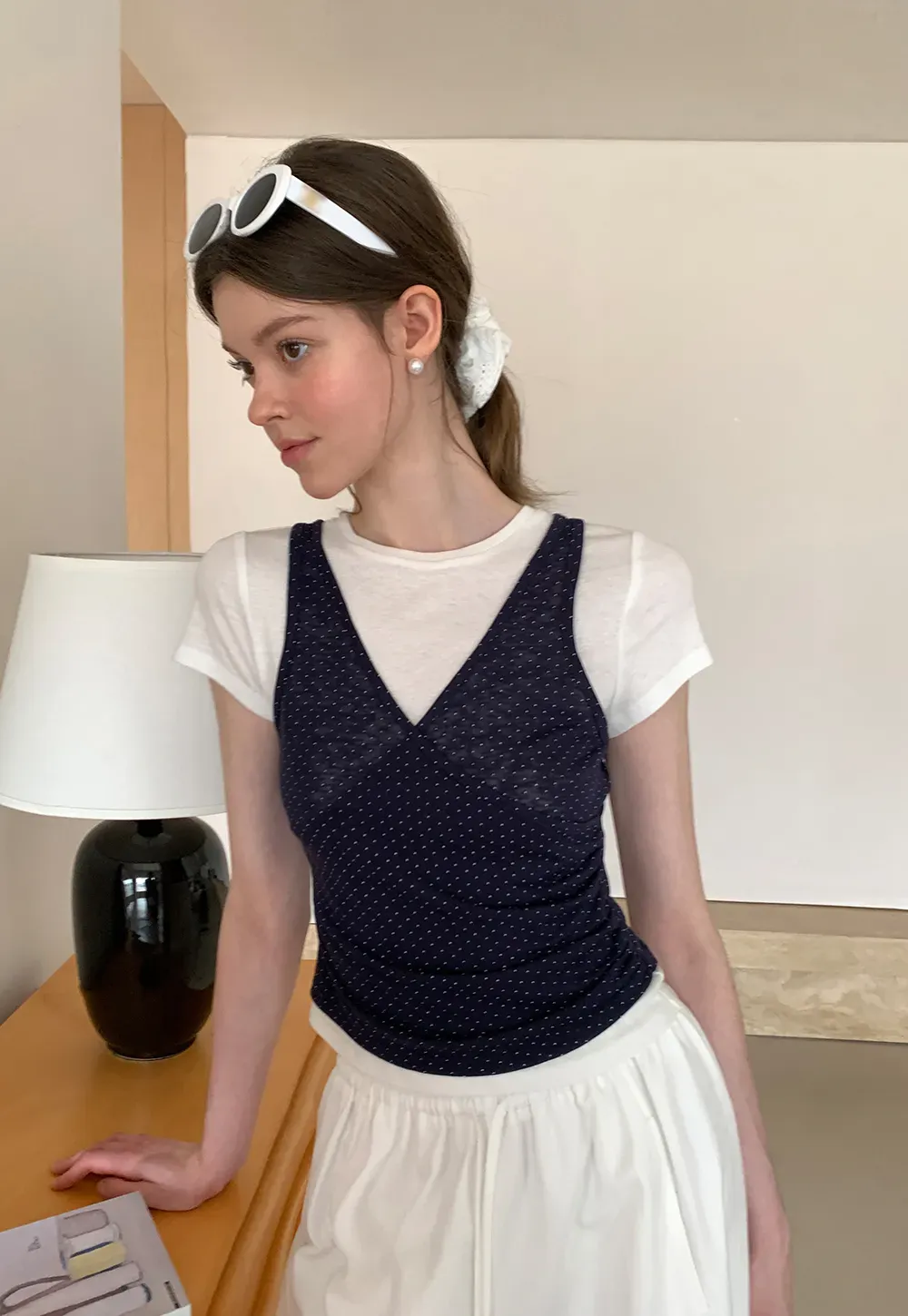 V Neck Sleeveless Top With Polka Dot Pattern