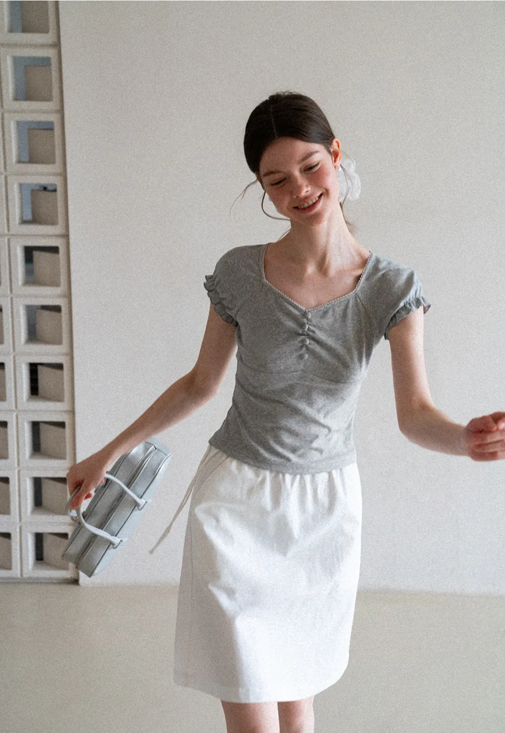 Ruffled Cap Sleeve Button Front Fitted T Shirt
