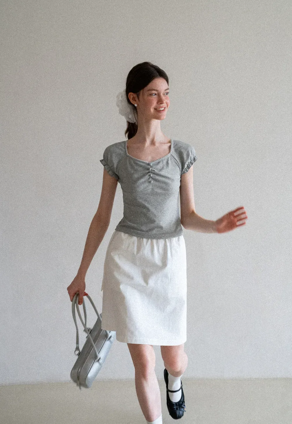 Ruffled Cap Sleeve Button Front Fitted T Shirt