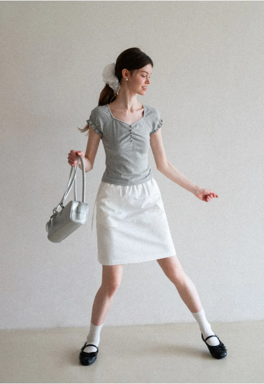 Ruffled Cap Sleeve Button Front Fitted T Shirt
