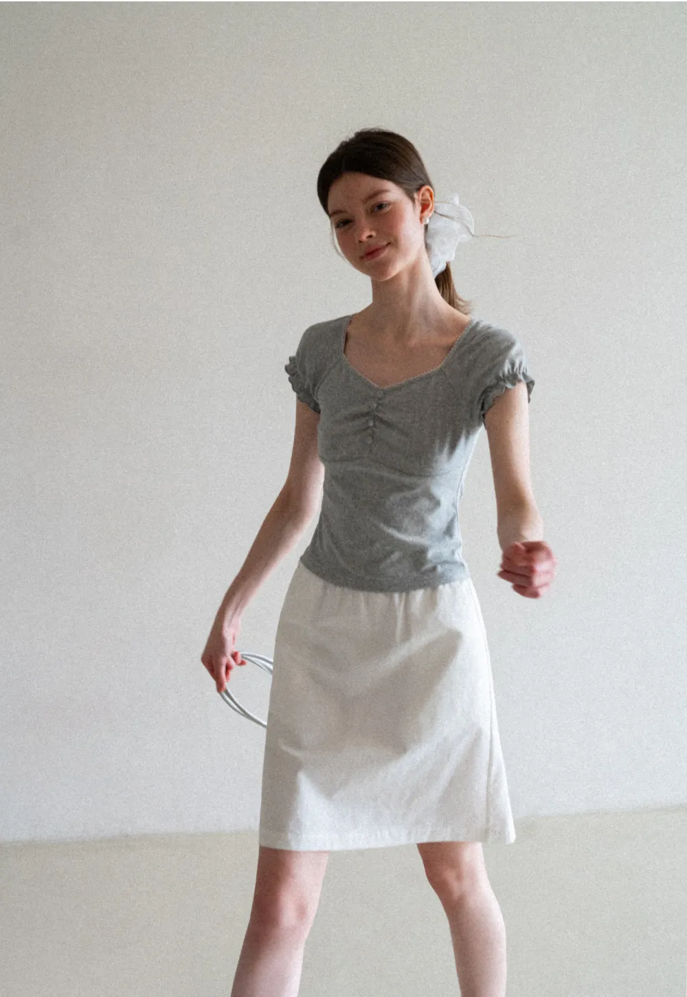 Ruffled Cap Sleeve Button Front Fitted T Shirt