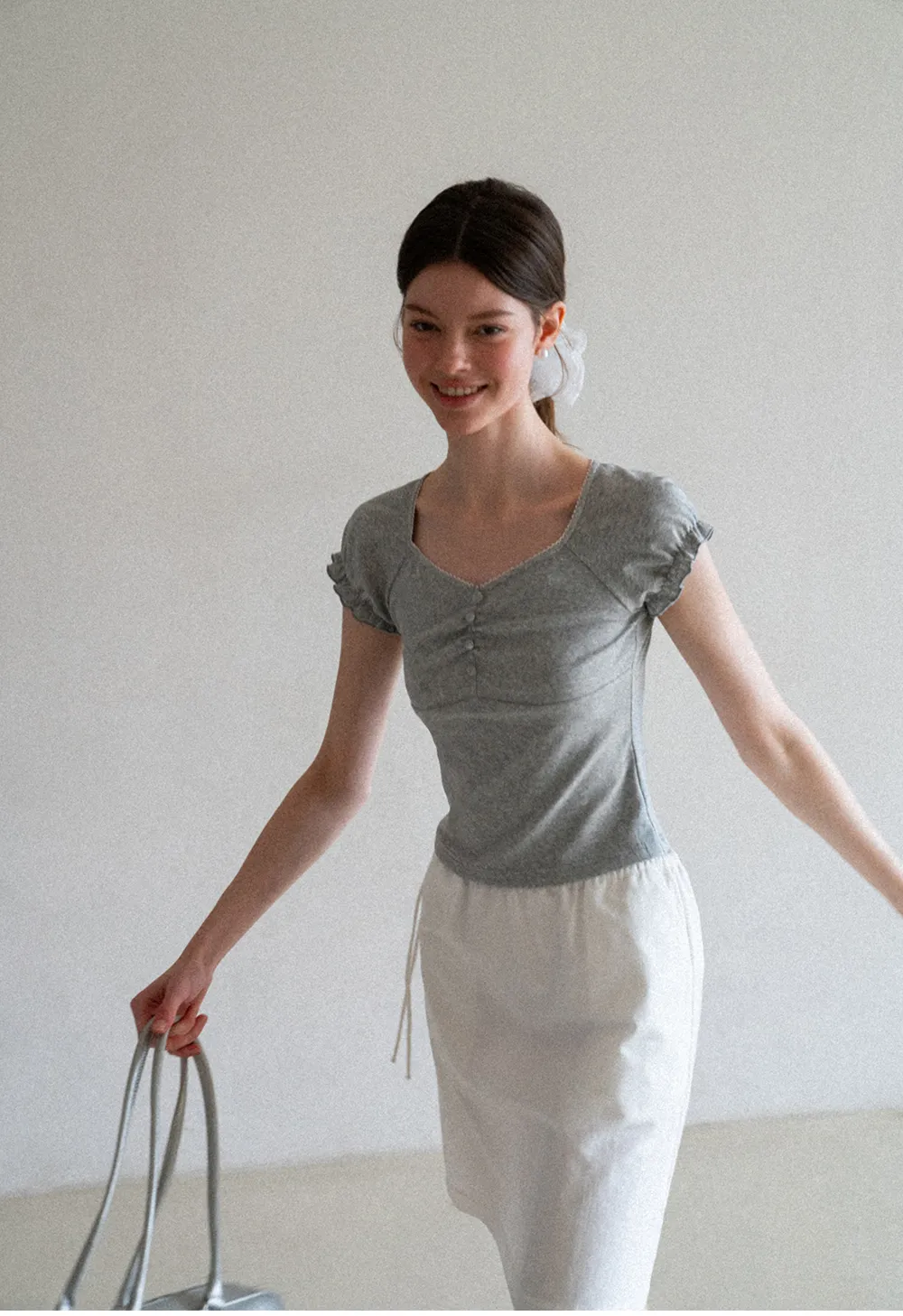 Ruffled Cap Sleeve Button Front Fitted T Shirt