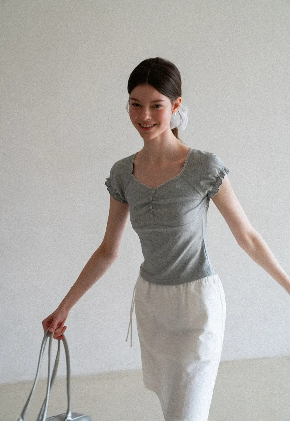 Ruffled Cap Sleeve Button Front Fitted T Shirt