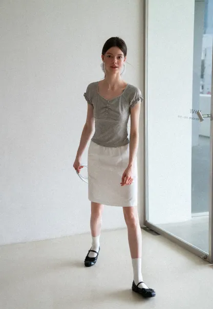 Ruffled Cap Sleeve Button Front Fitted T Shirt