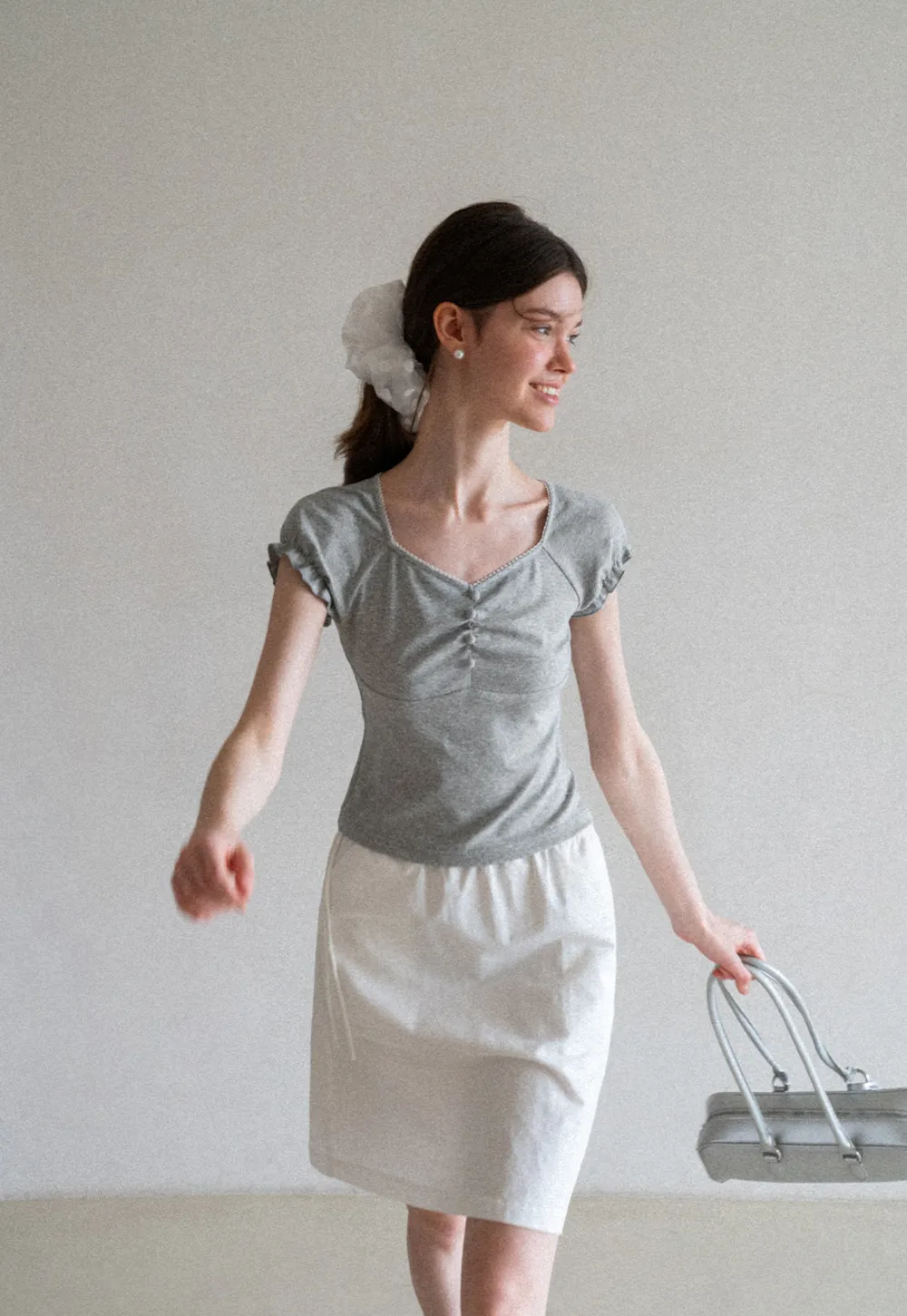 Ruffled Cap Sleeve Button Front Fitted T Shirt