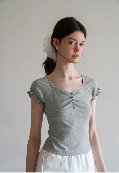 Ruffled Cap Sleeve Button Front Fitted T Shirt