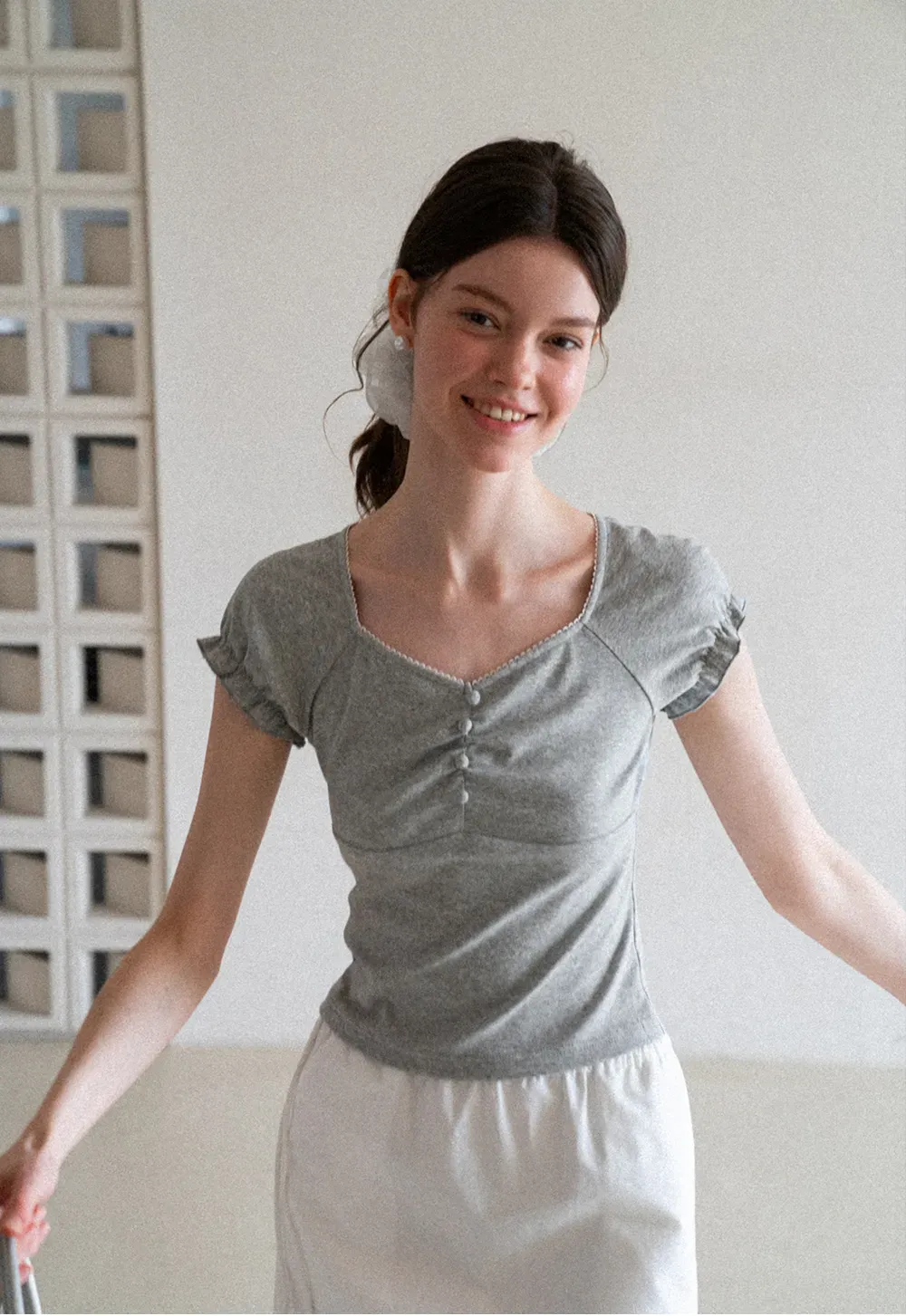 Ruffled Cap Sleeve Button Front Fitted T Shirt