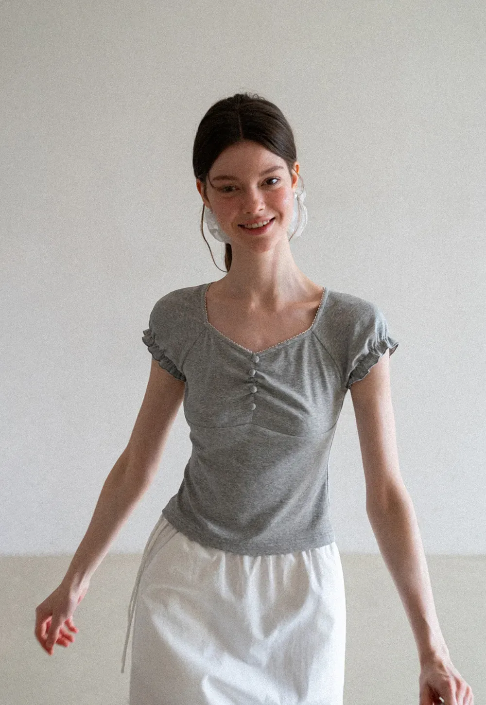 Ruffled Cap Sleeve Button Front Fitted T Shirt