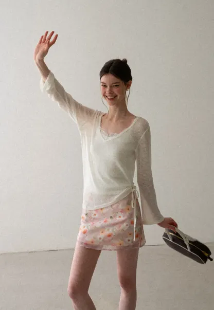 V Neck Drawstring Knit Long Sleeve Top