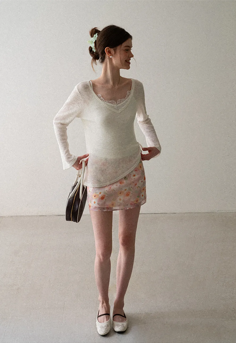 V Neck Drawstring Knit Long Sleeve Top