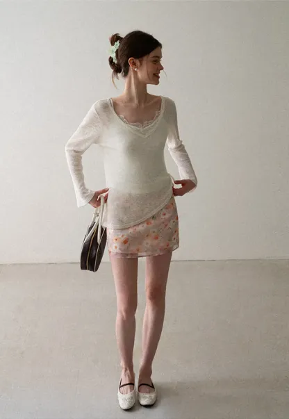 V Neck Drawstring Knit Long Sleeve Top