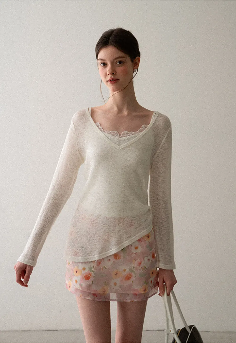 V Neck Drawstring Knit Long Sleeve Top