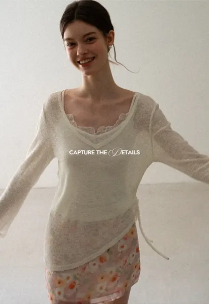 V Neck Drawstring Knit Long Sleeve Top