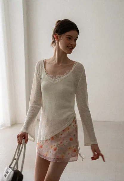 V Neck Drawstring Knit Long Sleeve Top
