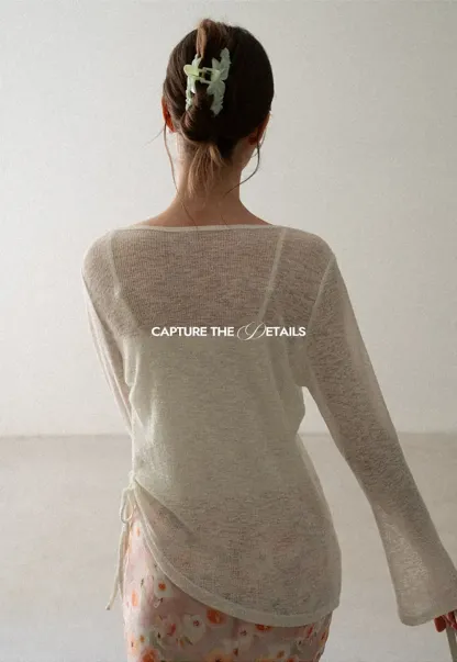 V Neck Drawstring Knit Long Sleeve Top