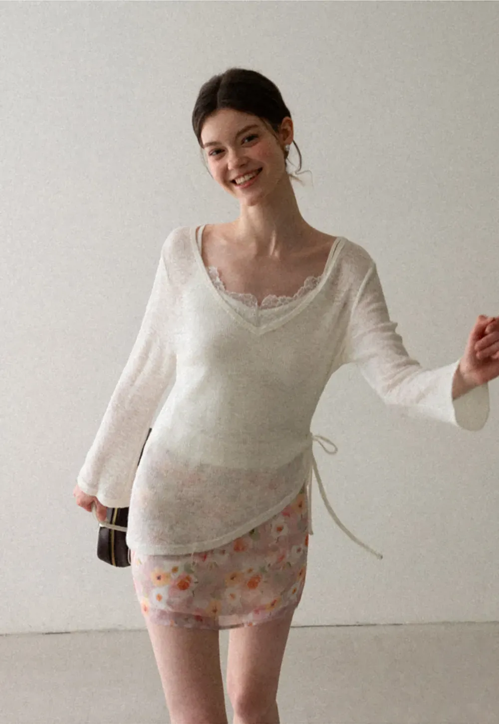 V Neck Drawstring Knit Long Sleeve Top