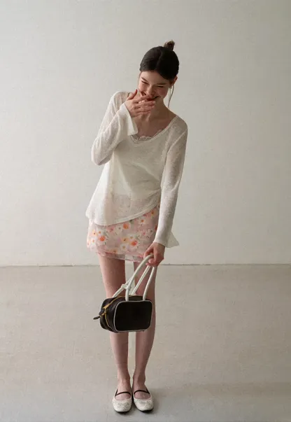 V Neck Drawstring Knit Long Sleeve Top
