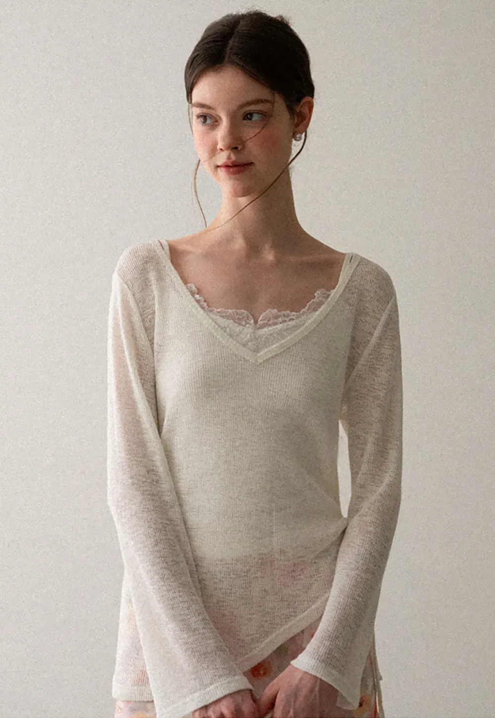 V Neck Drawstring Knit Long Sleeve Top