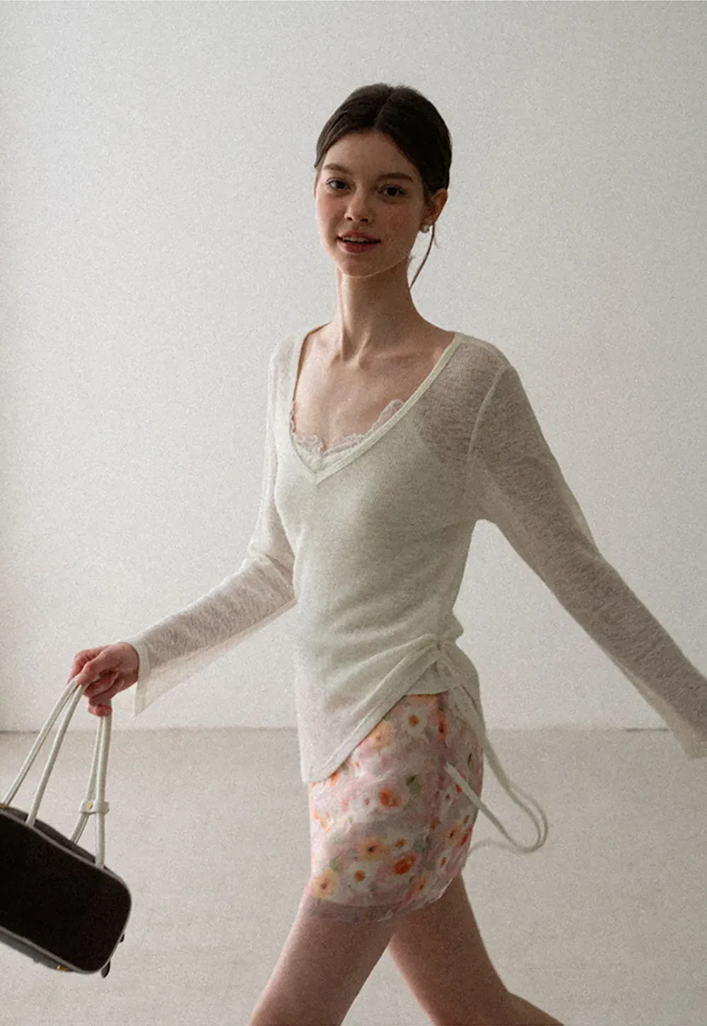 V Neck Drawstring Knit Long Sleeve Top