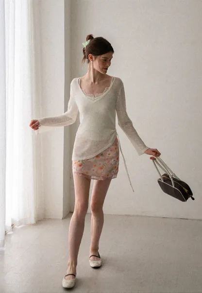 V Neck Drawstring Knit Long Sleeve Top