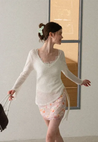 V Neck Drawstring Knit Long Sleeve Top