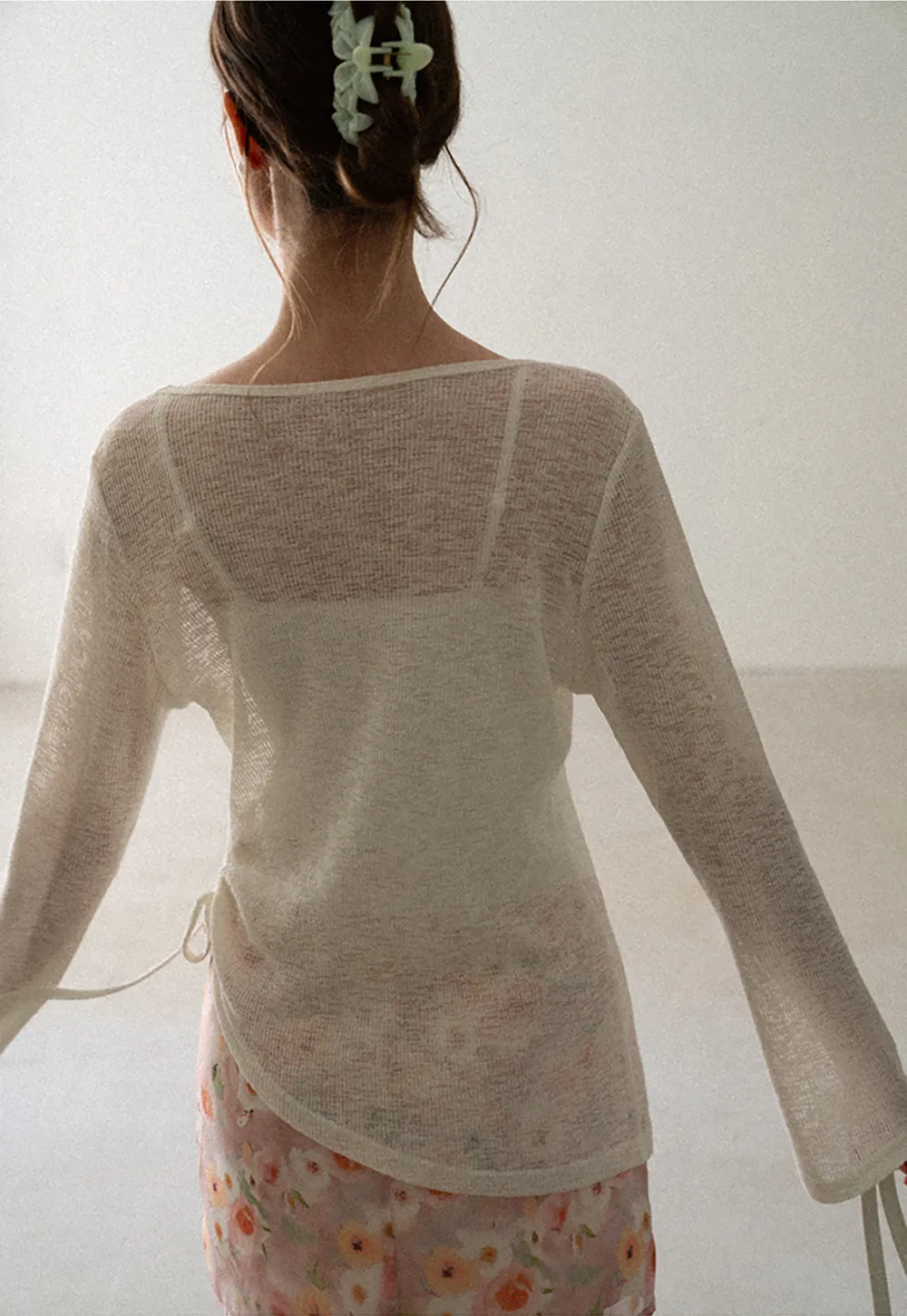 V Neck Drawstring Knit Long Sleeve Top