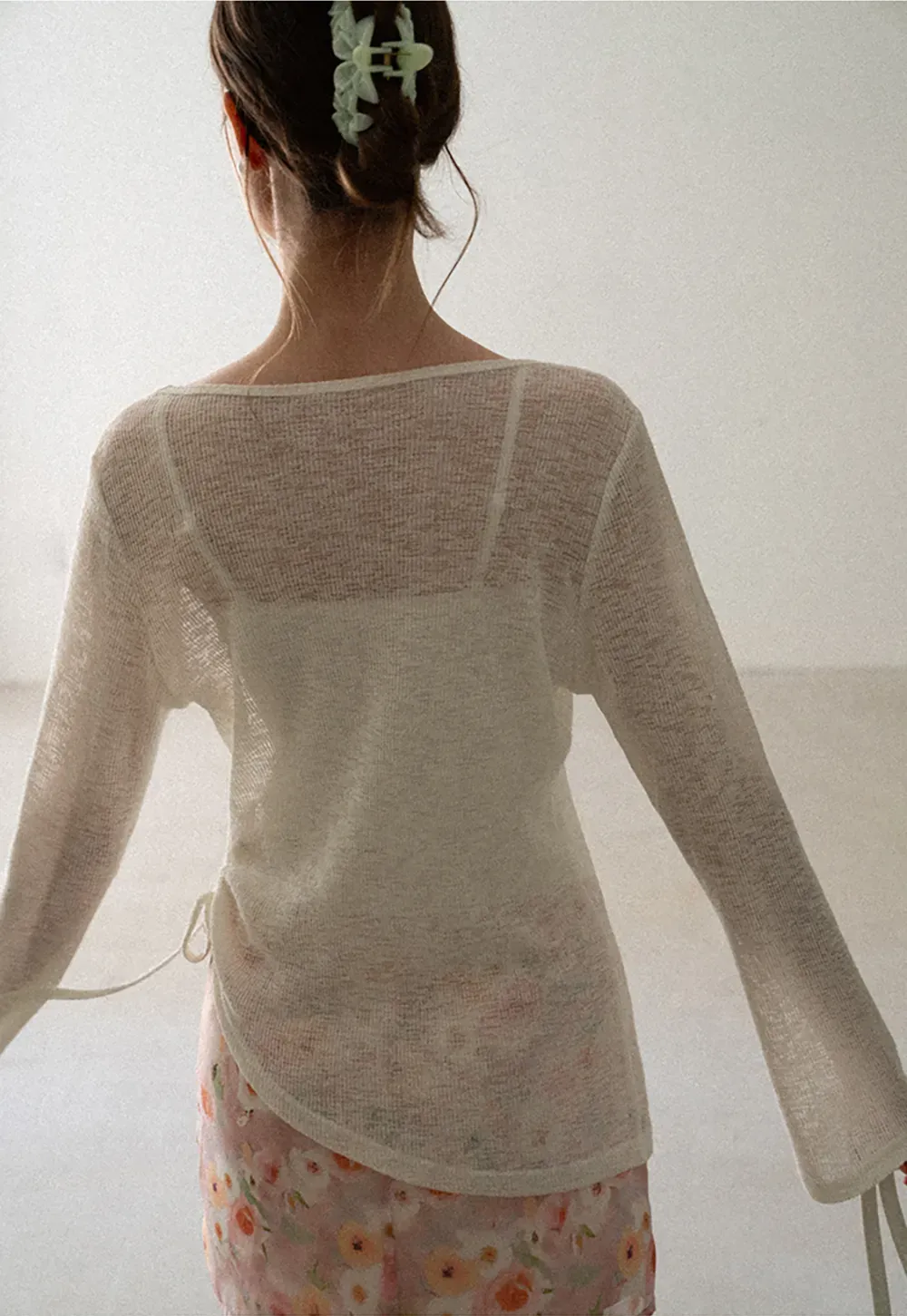 V Neck Drawstring Knit Long Sleeve Top