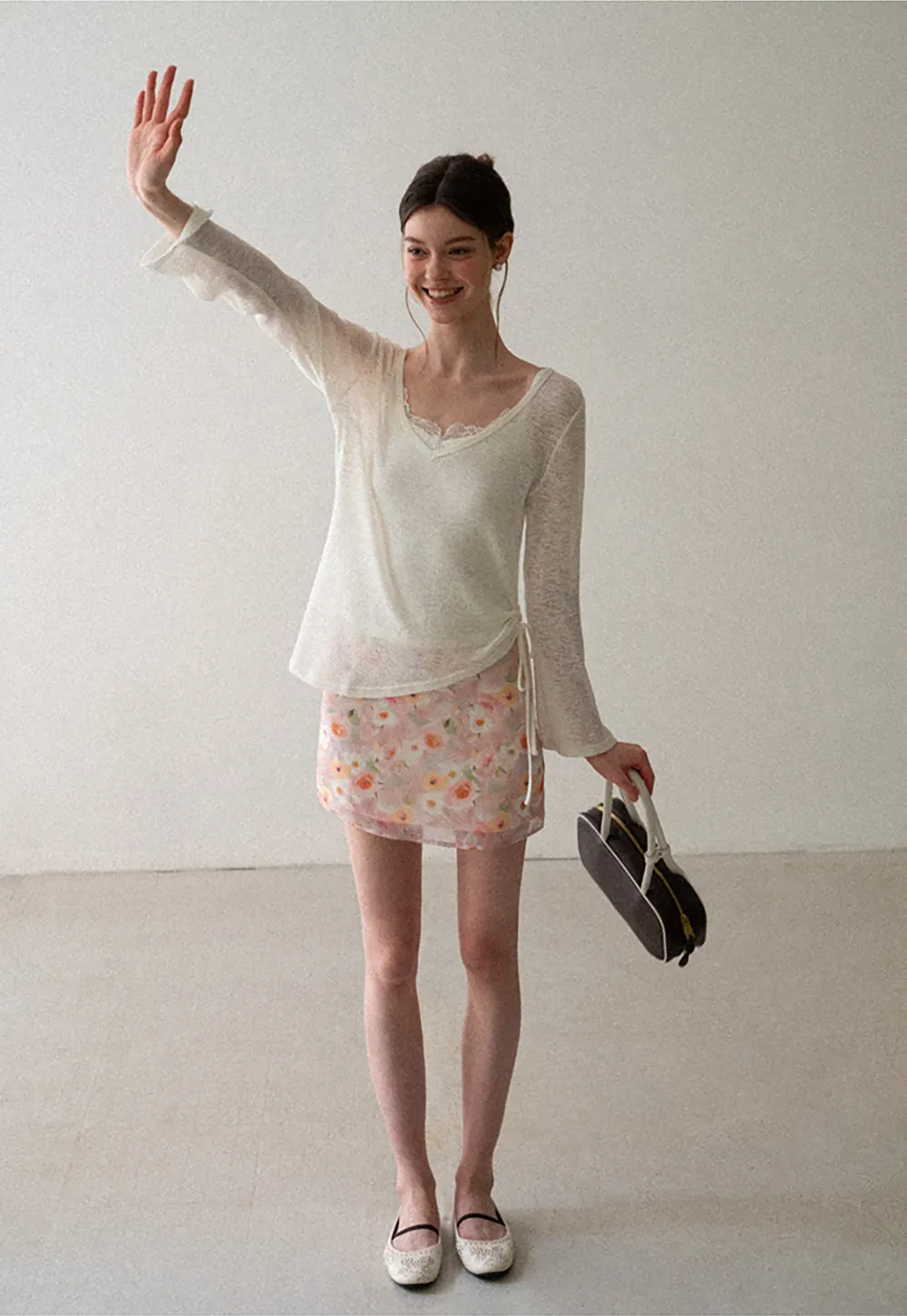 V Neck Drawstring Knit Long Sleeve Top