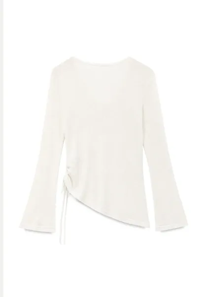V Neck Drawstring Knit Long Sleeve Top