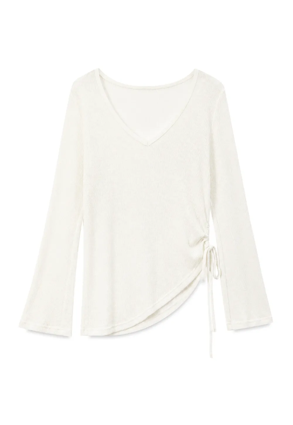 V Neck Drawstring Knit Long Sleeve Top