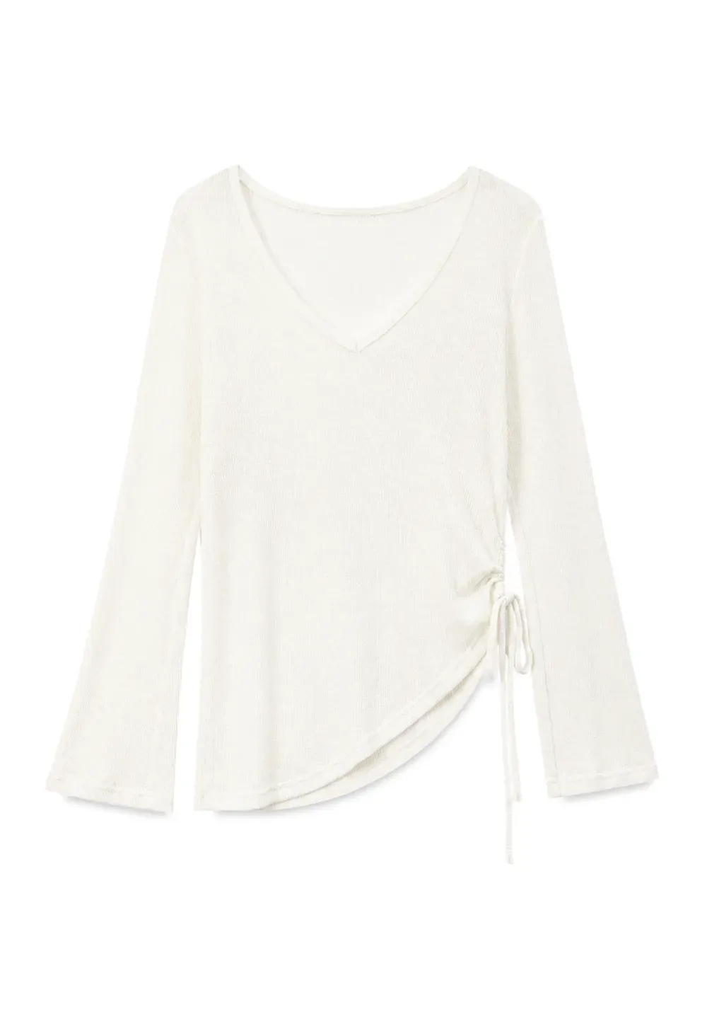 V Neck Drawstring Knit Long Sleeve Top
