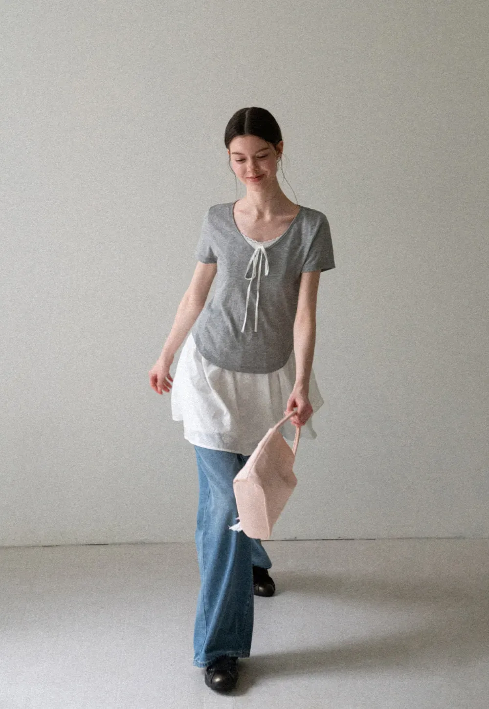 Lace Trim Drawstring Neckline Short Sleeve T Shirt