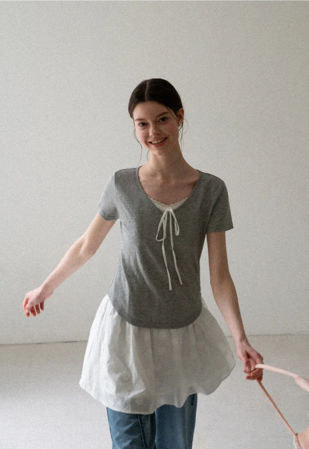 Lace Trim Drawstring Neckline Short Sleeve T Shirt