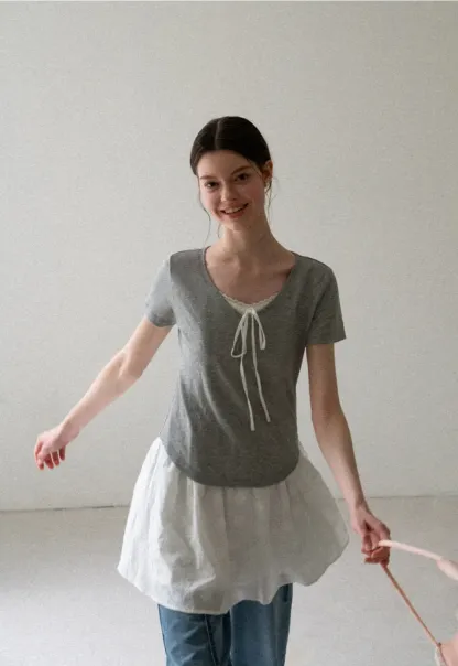 Lace Trim Drawstring Neckline Short Sleeve T Shirt