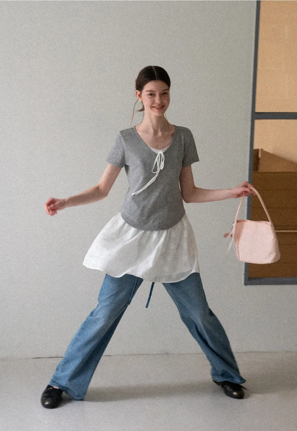 Lace Trim Drawstring Neckline Short Sleeve T Shirt