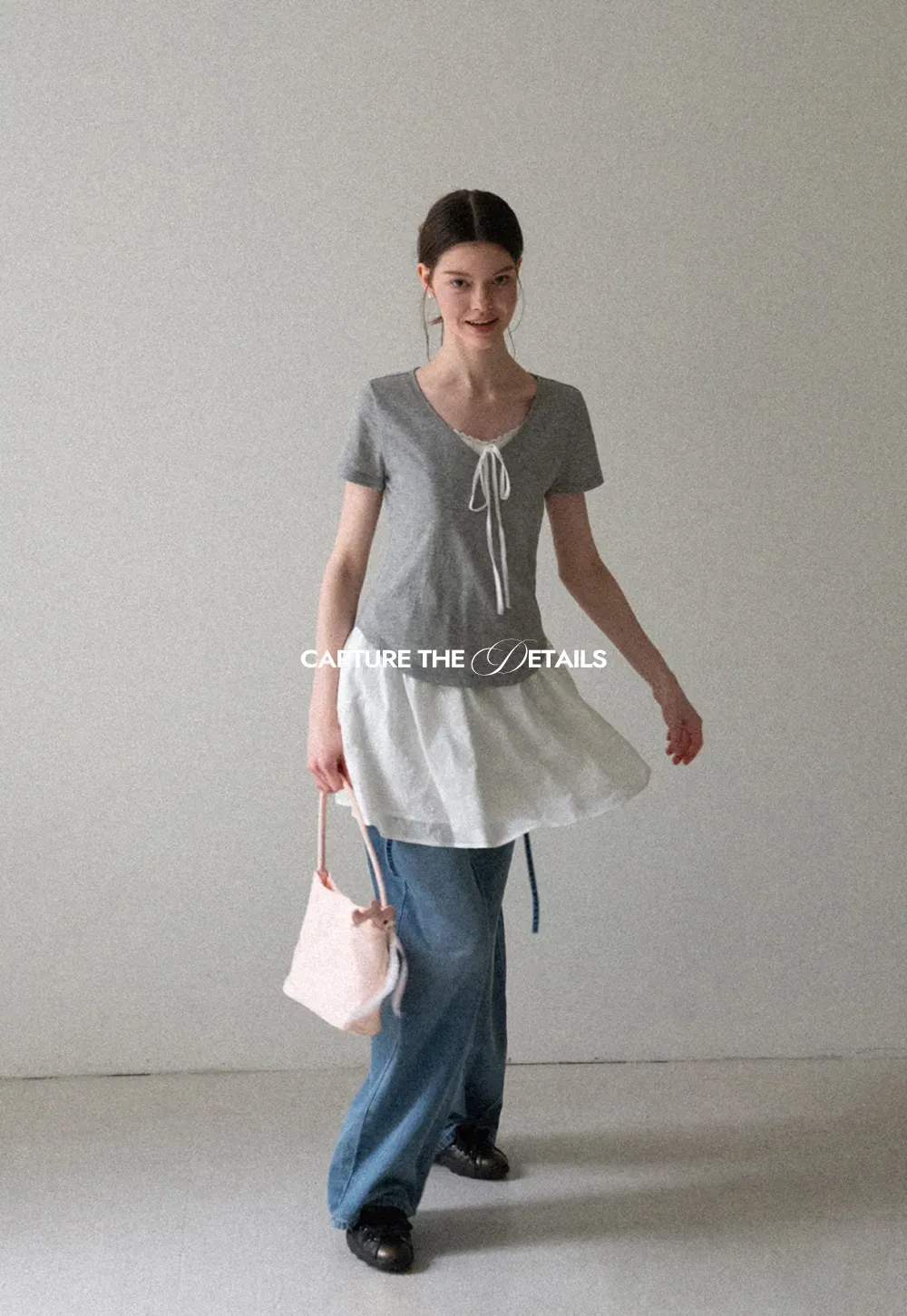 Lace Trim Drawstring Neckline Short Sleeve T Shirt