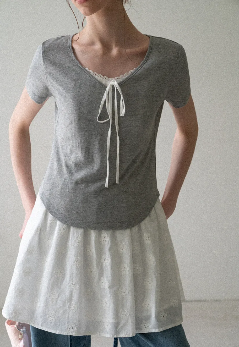 Lace Trim Drawstring Neckline Short Sleeve T Shirt
