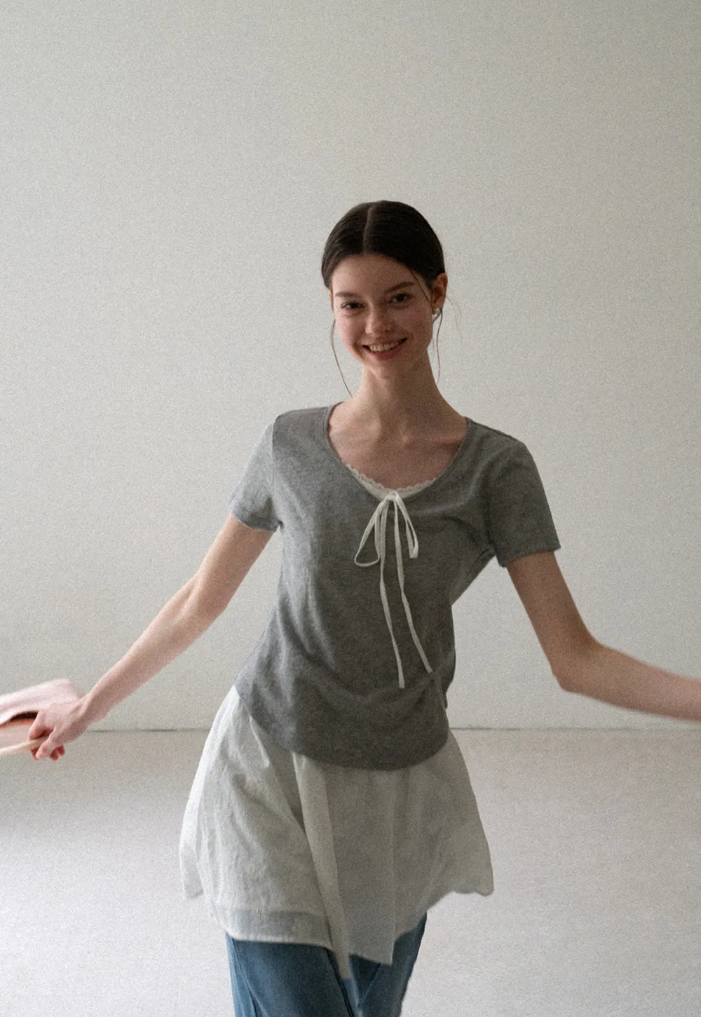 Lace Trim Drawstring Neckline Short Sleeve T Shirt