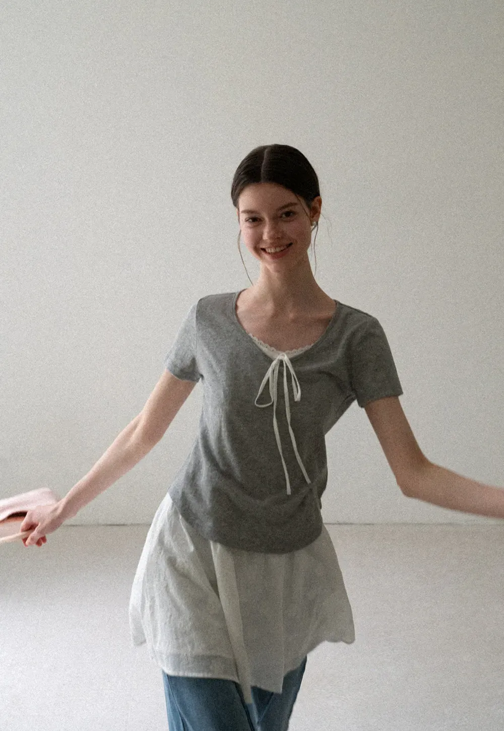Lace Trim Drawstring Neckline Short Sleeve T Shirt