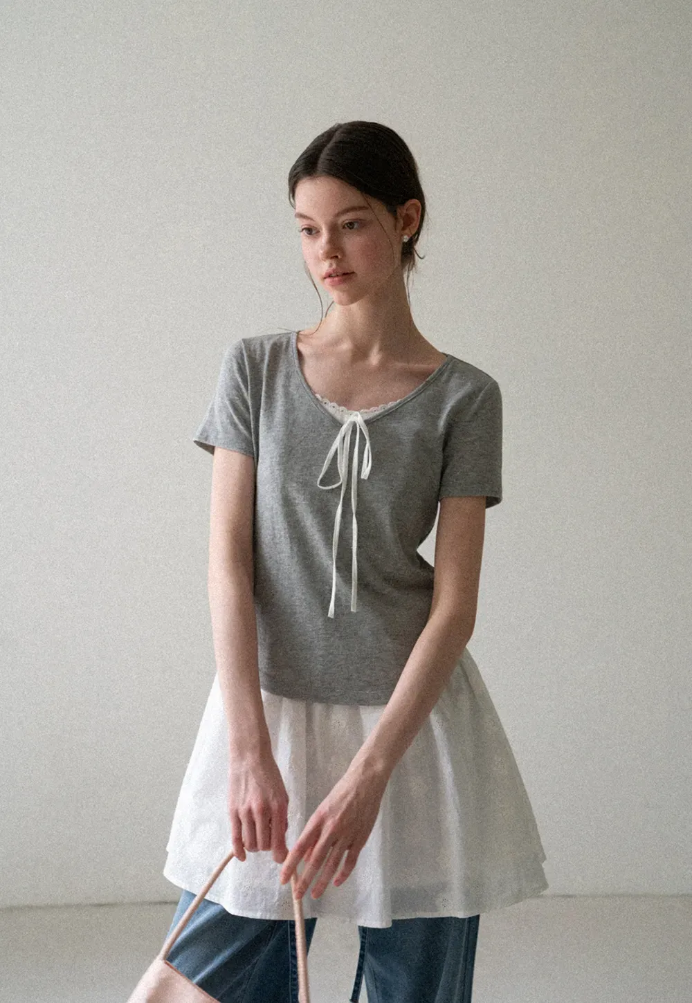 Lace Trim Drawstring Neckline Short Sleeve T Shirt