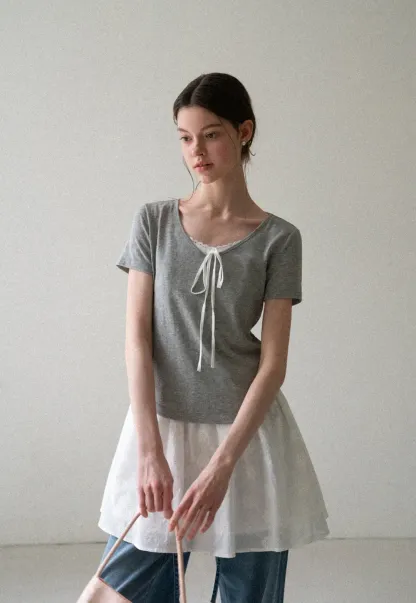 Lace Trim Drawstring Neckline Short Sleeve T Shirt