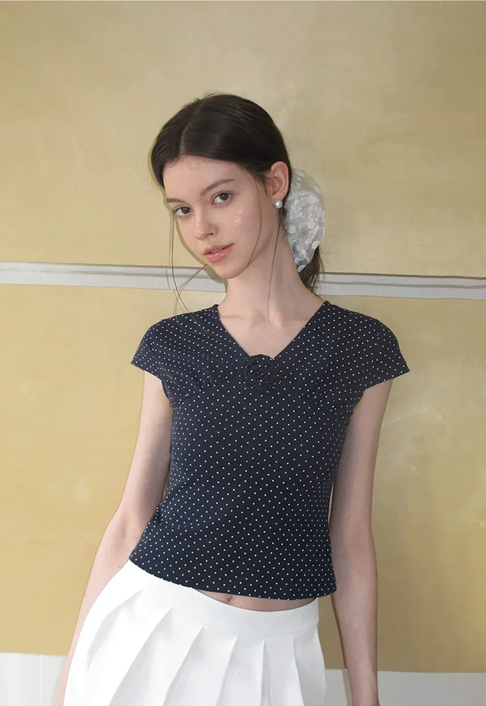 Polka Dot V Neck Cap Sleeve T Shirt
