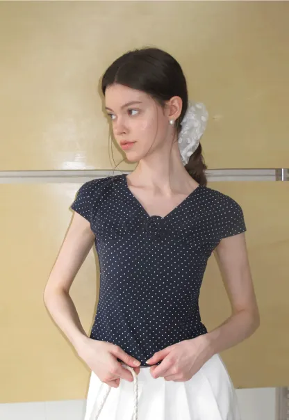 Polka Dot V Neck Cap Sleeve T Shirt