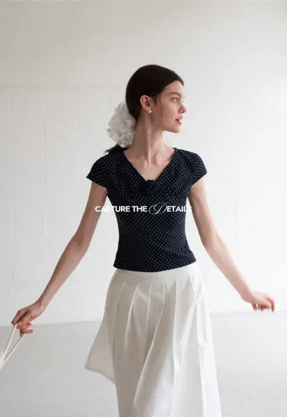 Polka Dot V Neck Cap Sleeve T Shirt