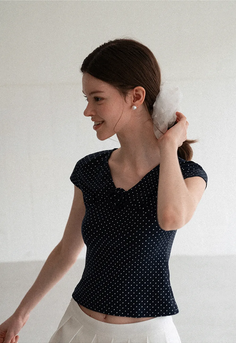 Polka Dot V Neck Cap Sleeve T Shirt