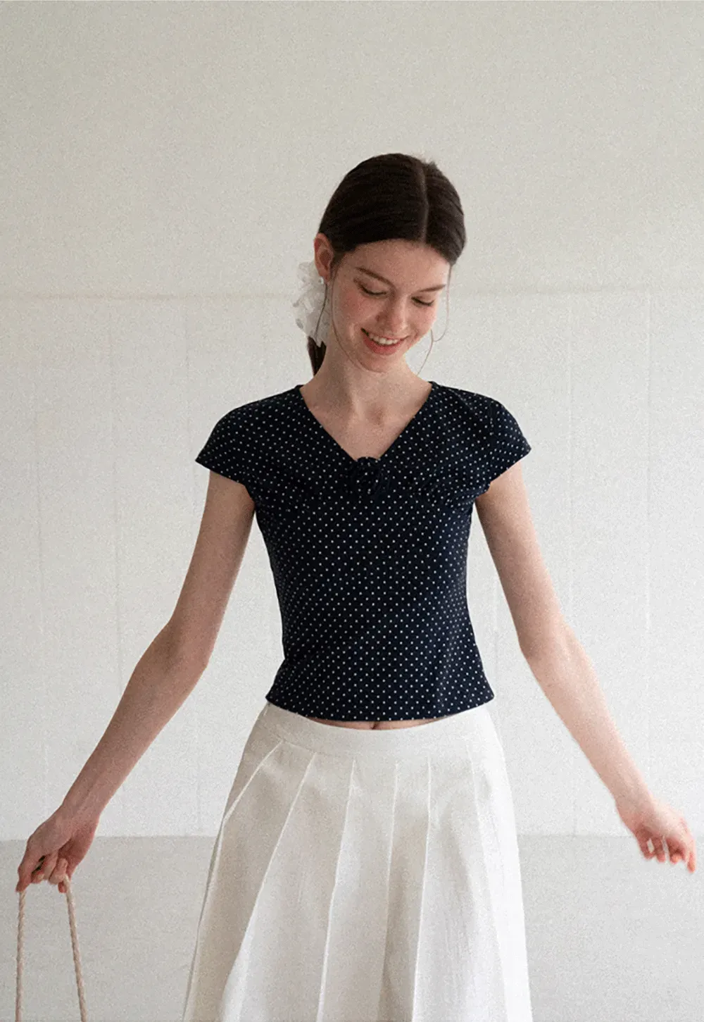 Polka Dot V Neck Cap Sleeve T Shirt